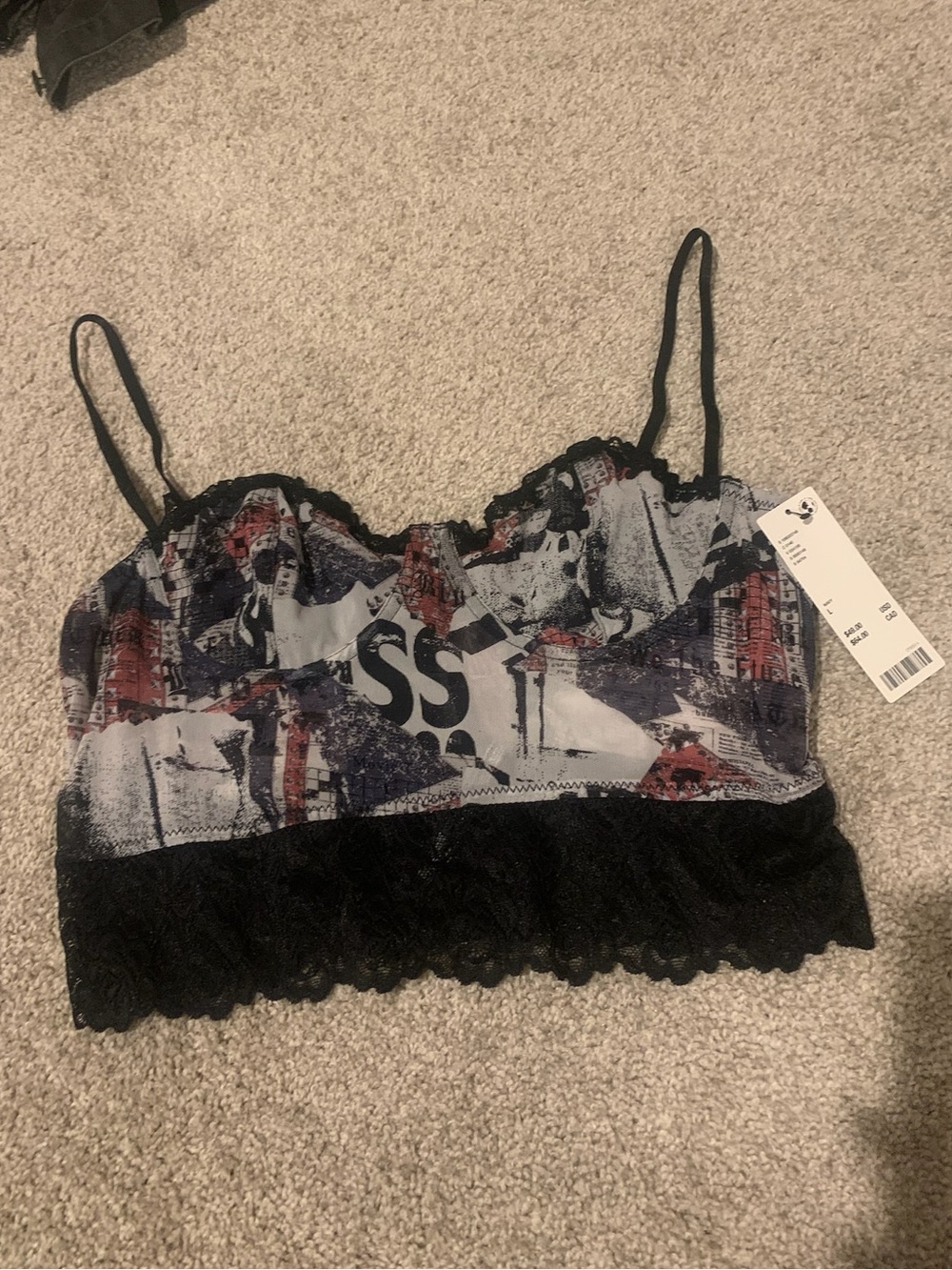Urban Outfitters Black Graffiti Print Lace Hem Mesh Underwire Corset Cami Top L
